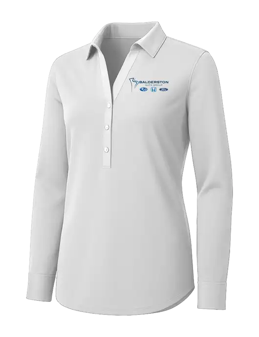 Womens White City Stretch Shirt w/Balderston Auto Group Logo