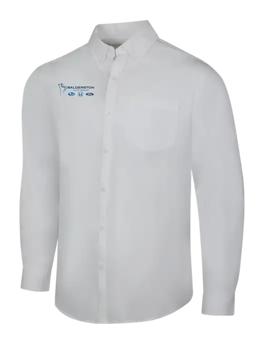 White Long Sleeve Carefree Poplin Shirt w/Balderston Auto Group Logo
