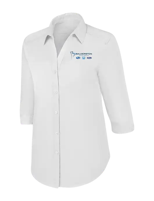 Womens White 3/4 Sleeve Carefree Poplin Shirt w/Balderston Auto Group Logo