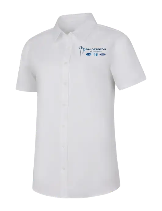 Womens White Short Sleeve Superpro React Twill Shirt w/Balderston Auto Group Logo
