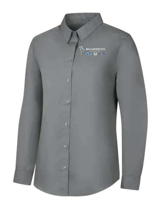 Womens Medium Grey Long Sleeve Carefree Poplin Shirt w/Balderston Auto Group Logo