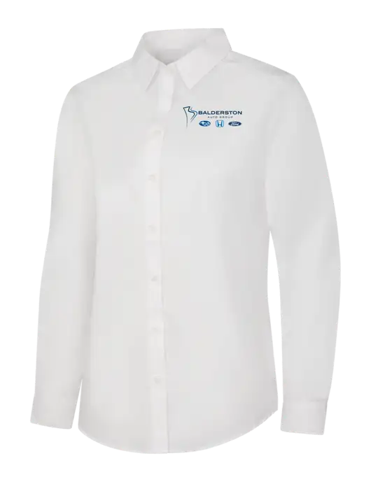 Womens White Long Sleeve Carefree Poplin Shirt w/Balderston Auto Group Logo