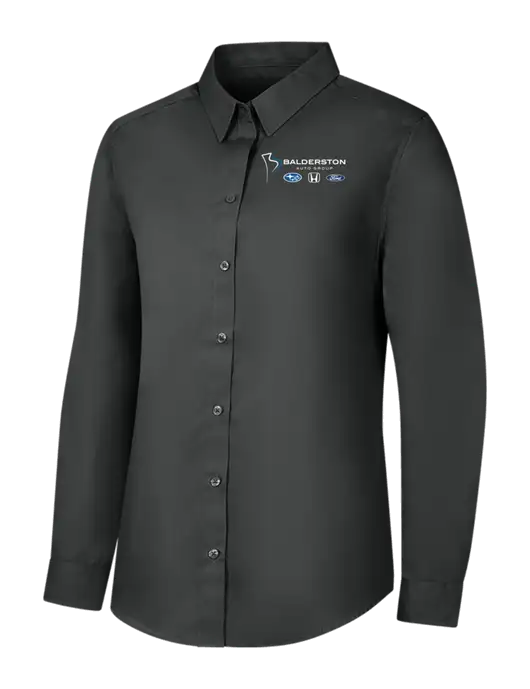 Womens Dark Grey Long Sleeve Carefree Poplin Shirt w/Balderston Auto Group Logo