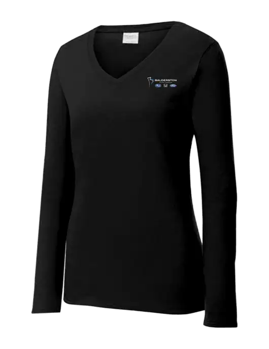 Womens V-Neck Ring Spun Jet Black 4.5 oz Long Sleeve T-Shirt w/Balderston Auto Group Logo