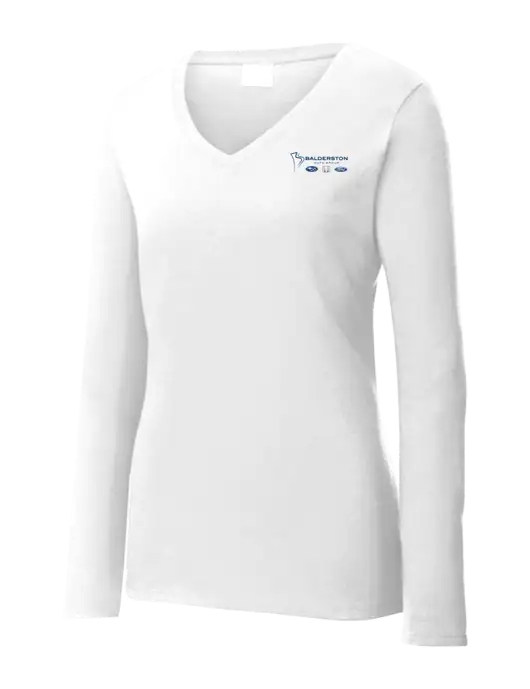 Womens  V-Neck Ring Spun White 4.5 oz Long Sleeve T-Shirt w/Balderston Auto Group Logo