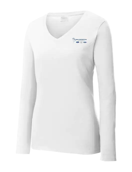 Womens  V-Neck Ring Spun White 4.5 oz Long Sleeve T-Shirt w/Balderston Auto Group Logo
