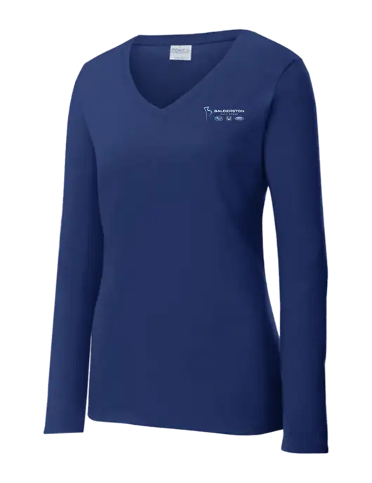 Womens  V-Neck Ring Spun Navy 4.5 oz Long Sleeve T-Shirt w/Balderston Auto Group Logo