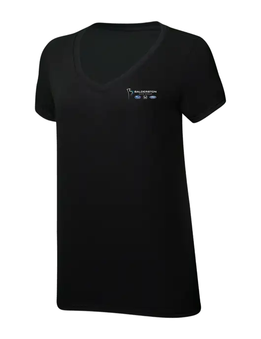 Womens Simply Soft V-Neck Black 4.5oz  Poly/Combed Ring Spun Cotton T-Shirt w/Balderston Auto Group Logo