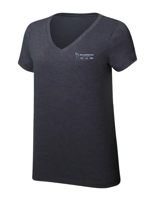 Womens Simply Soft V-Neck Heather Charcoal 4.5oz  Poly/Combed Ring Spun Cotton T-Shirt w/Balderston Auto Group Logo