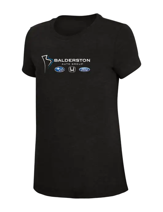 Womens Simply Soft Black 4.5oz Poly/Combed Ring Spun Cotton T-Shirt w/Balderston Auto Group Logo