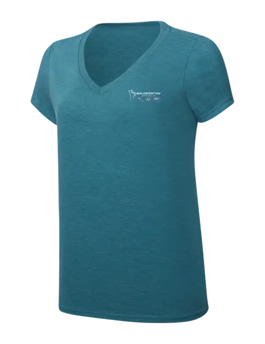 Womens Simply Soft V-Neck Heather Teal 4.5oz  Poly/Combed Ring Spun Cotton T-Shirt w/Balderston Auto Group Logo