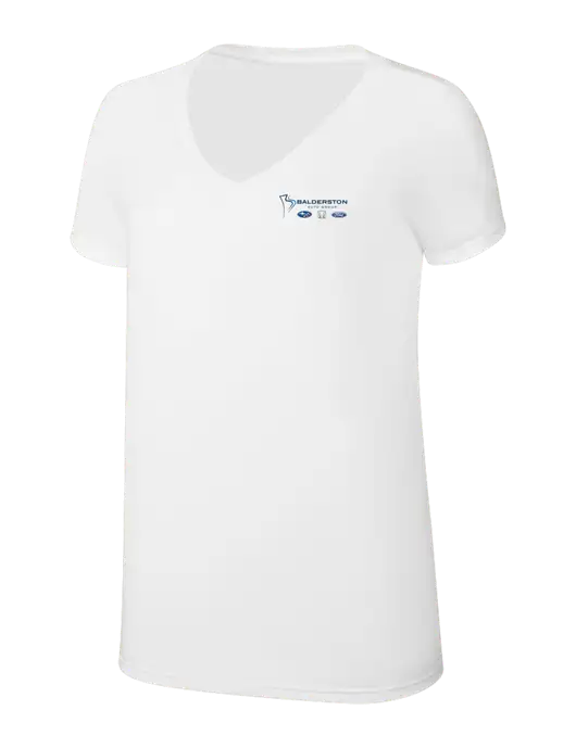 Womens Simply Soft V-Neck White 4.5oz  Poly/Combed Ring Spun Cotton T-Shirt w/Balderston Auto Group Logo