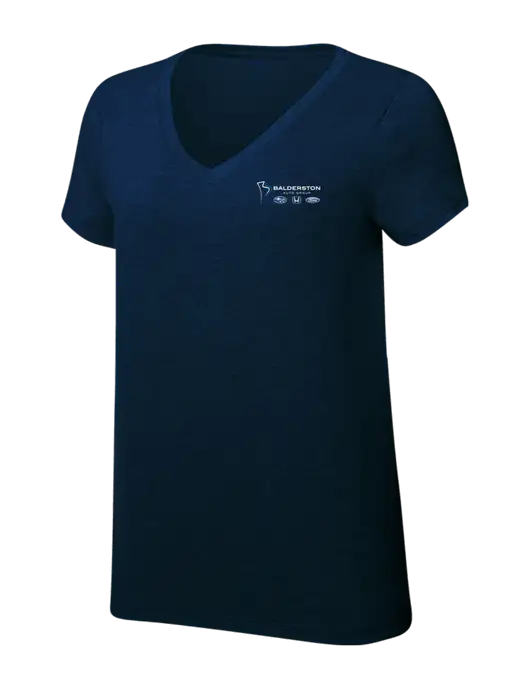 Womens Simply Soft V-Neck New Navy 4.5oz  Poly/Combed Ring Spun Cotton T-Shirt w/Balderston Auto Group Logo