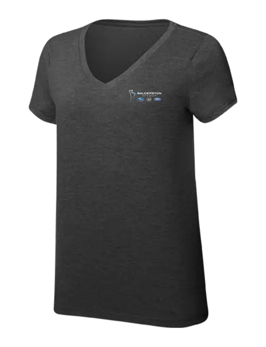 Womens Simply Soft V-Neck Black Frost 4.5oz  Poly/Combed Ring Spun Cotton T-Shirt w/Balderston Auto Group Logo