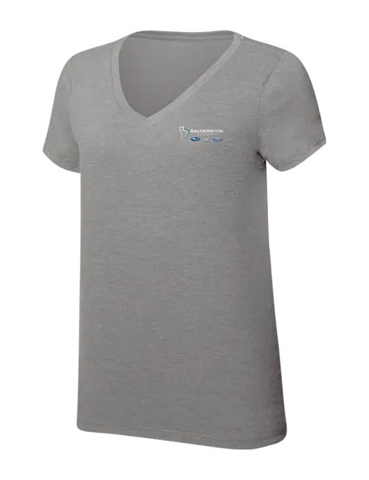 Womens Simply Soft V-Neck Grey Frost 4.5oz  Poly/Combed Ring Spun Cotton T-Shirt w/Balderston Auto Group Logo