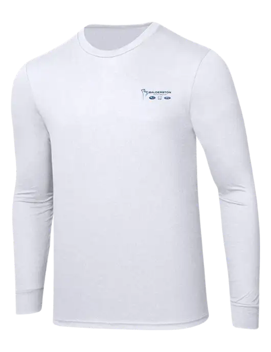 Simply Soft Long Sleeve White 4.5 oz, Poly/Combed Ring Spun Cotton T-Shirt w/Balderston Auto Group Logo
