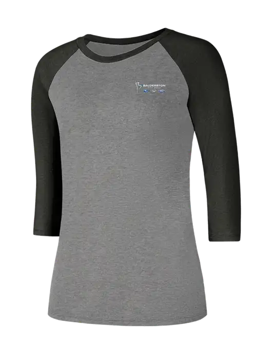Womens Simply Soft 3/4 Sleeve Black Frost/Grey Frost Ring Spun Cotton T-Shirt w/Balderston Auto Group Logo