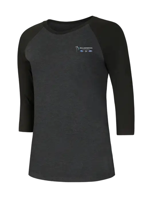 Womens Simply Soft 3/4 Sleeve Black/Black Frost Ring Spun Cotton T-Shirt w/Balderston Auto Group Logo