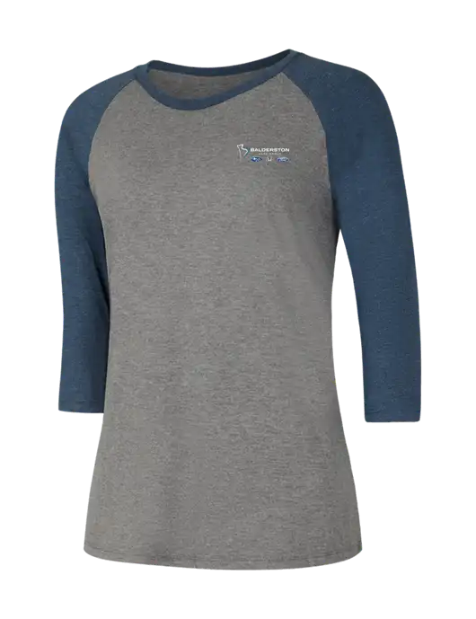 Womens Simply Soft 3/4 Sleeve Navy Frost/Grey Frost Ring Spun Cotton T-Shirt w/Balderston Auto Group Logo
