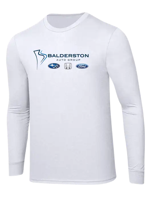 Simply Soft Long Sleeve White 4.5 oz, Poly/Combed Ring Spun Cotton T-Shirt w/Balderston Auto Group Logo