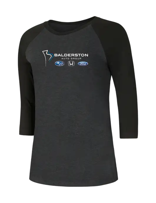 Womens Simply Soft 3/4 Sleeve Black/Black Frost Ring Spun Cotton T-Shirt w/Balderston Auto Group Logo