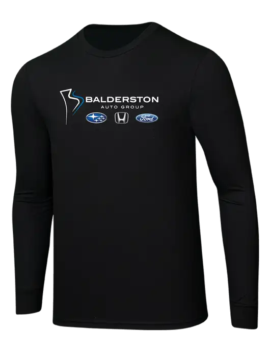 Simply Soft Long Sleeve Black 4.5 oz, Poly/Combed Ring Spun Cotton T-Shirt w/Balderston Auto Group Logo