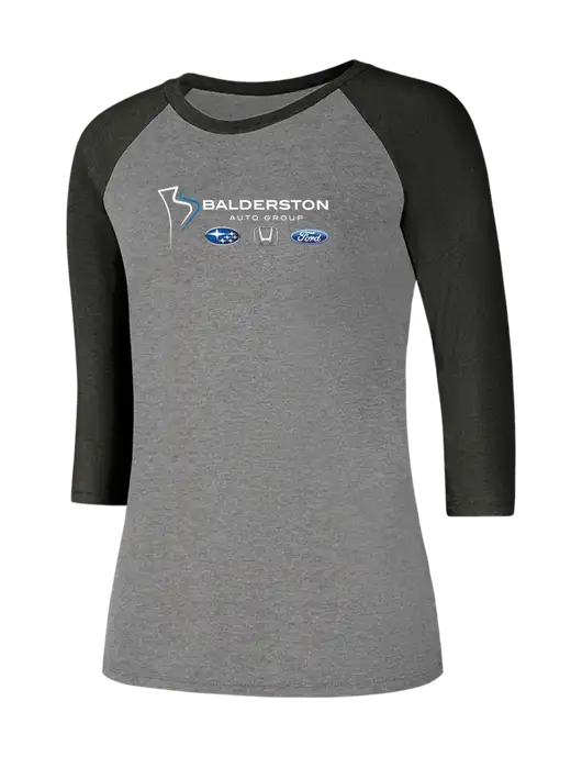 Womens Simply Soft 3/4 Sleeve Black Frost/Grey Frost Ring Spun Cotton T-Shirt w/Balderston Auto Group Logo