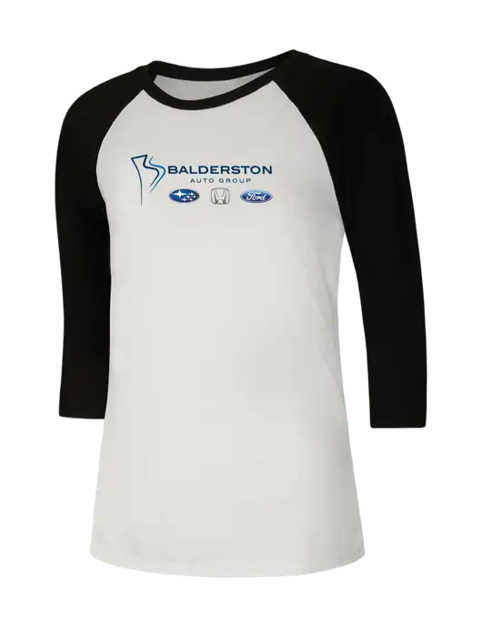 Womens Simply Soft 3/4 Sleeve Black/White Ring Spun Cotton T-Shirt w/Balderston Auto Group Logo