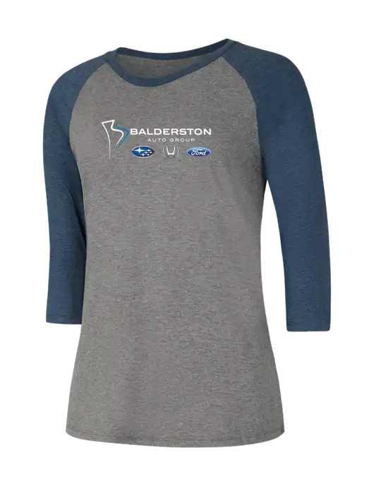 Womens Simply Soft 3/4 Sleeve Navy Frost/Grey Frost Ring Spun Cotton T-Shirt w/Balderston Auto Group Logo