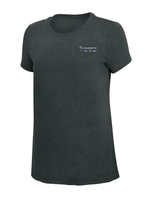 Womens Simply Soft Black Frost 4.5oz Poly/Combed Ring Spun Cotton T-Shirt w/Balderston Auto Group Logo