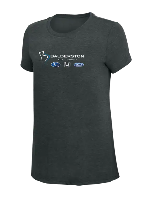 Womens Simply Soft Black Frost 4.5oz Poly/Combed Ring Spun Cotton T-Shirt w/Balderston Auto Group Logo