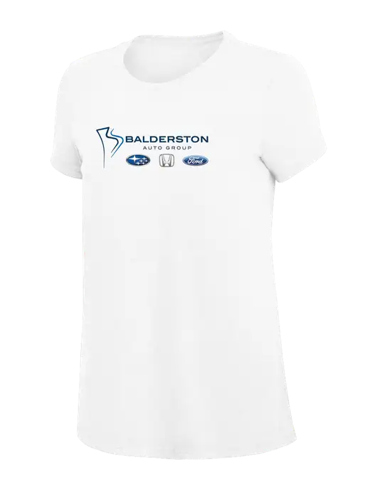 Womens Simply Soft White 4.5oz Poly/Combed Ring Spun Cotton T-Shirt
 w/Balderston Auto Group Logo