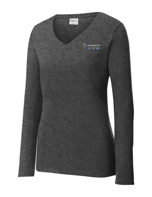 Womens  V-Neck Ring Spun Dark Heather Grey 4.5 oz Long Sleeve T-Shirt w/Balderston Auto Group Logo