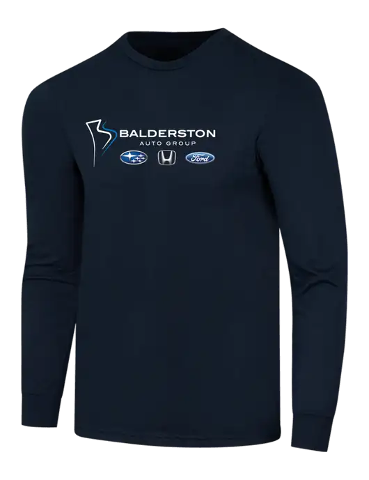 Simply Soft Long Sleeve Navy 4.5 oz, Poly/Combed Ring Spun Cotton T-Shirt w/Balderston Auto Group Logo