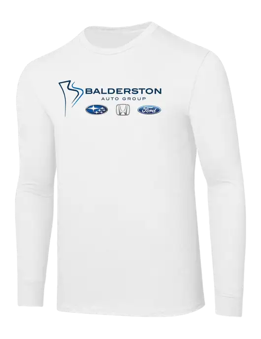 Core Blend White Long Sleeve Tee w/Balderston Auto Group Logo