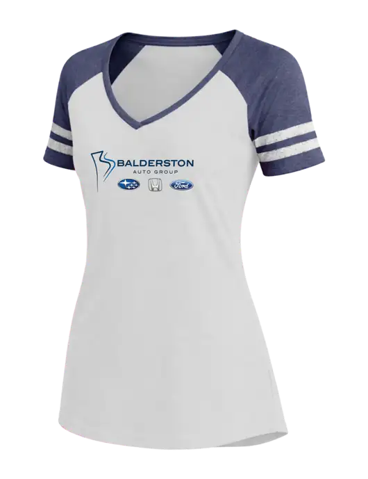 Womens White/Navy Heather V-Neck Game Tee w/Balderston Auto Group Logo