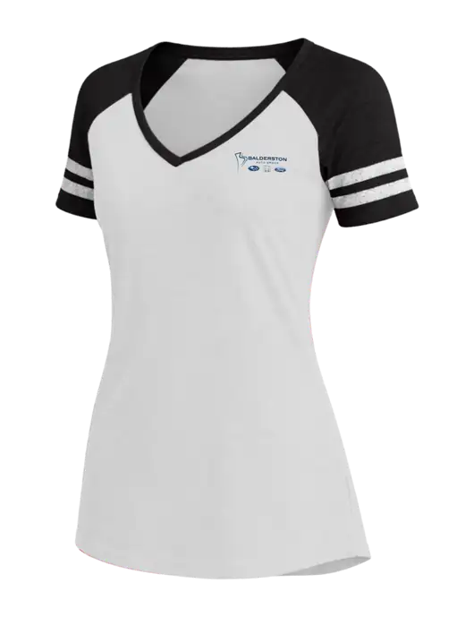 Womens White/Black V-Neck Game Tee w/Balderston Auto Group Logo