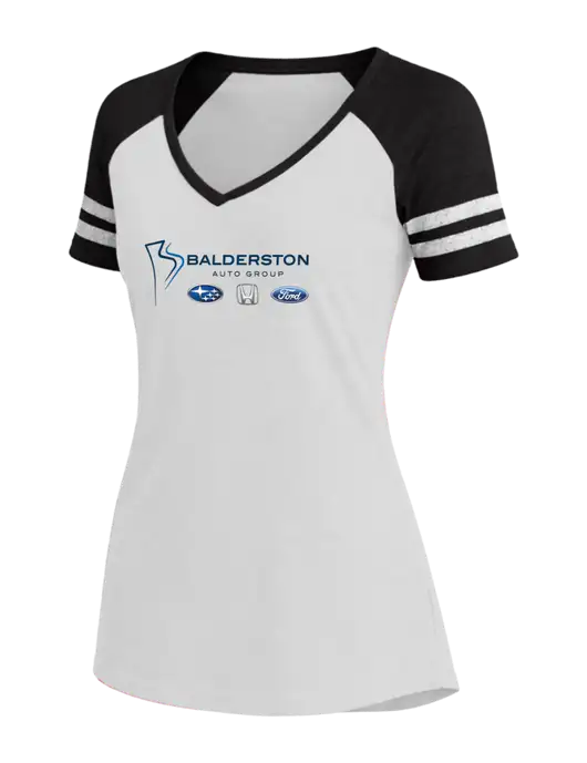 Womens White/Black V-Neck Game Tee w/Balderston Auto Group Logo