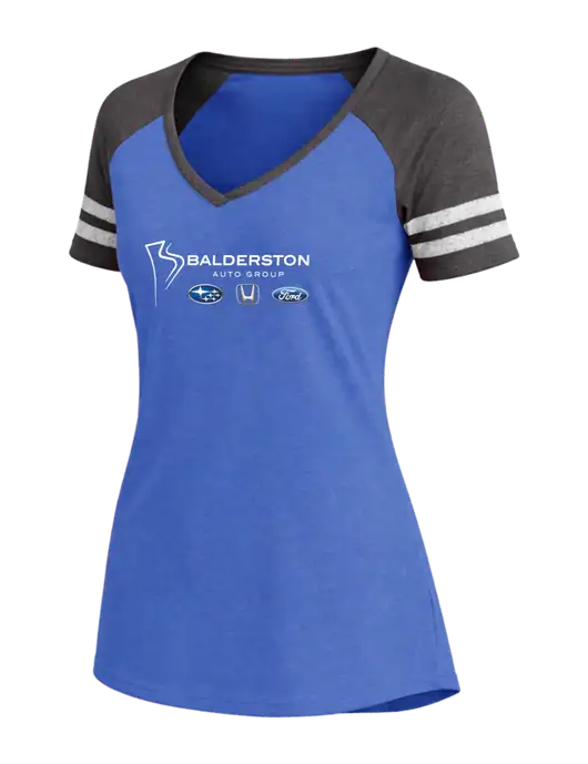 Womens Royal Heather/Charcoal Heather V-Neck Game Tee w/Balderston Auto Group Logo