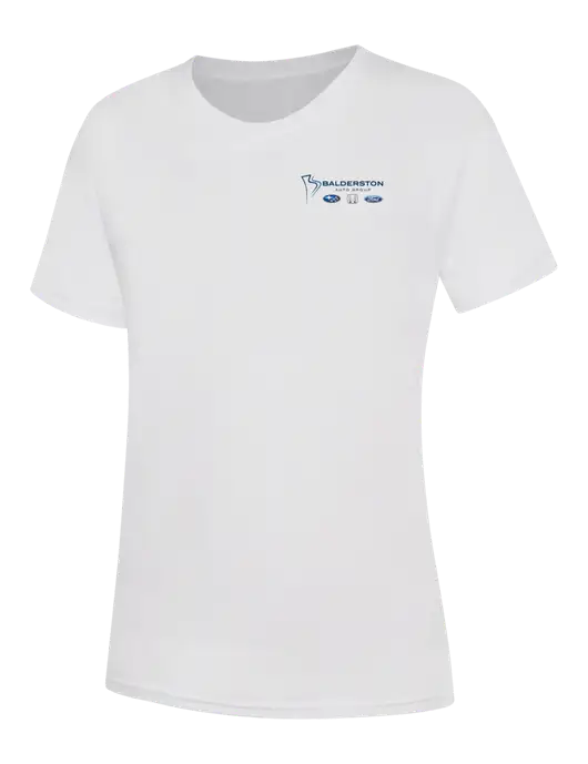 Womens White Core Blend Tee w/Balderston Auto Group Logo