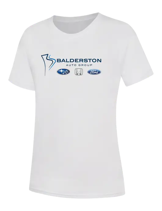 Womens White Core Blend Tee w/Balderston Auto Group Logo