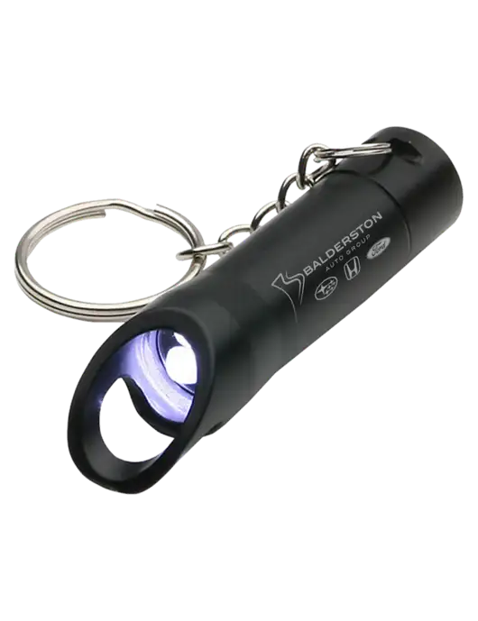 Black Pocket LED Flashlight with Bottle Opener & Keychain w/Balderston Auto Group Logo