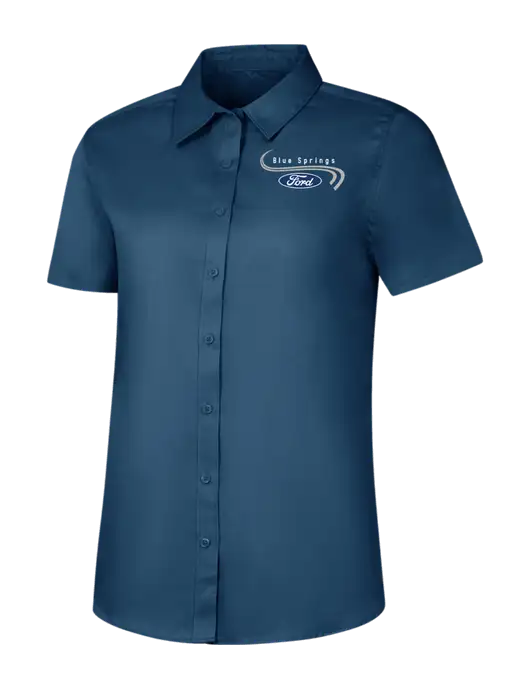Womens Light Navy Short Sleeve Superpro React Twill Shirt w/Blue Springs Ford Logo