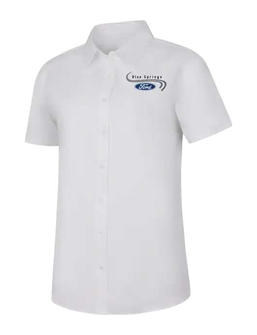 Womens White Short Sleeve Superpro React Twill Shirt w/Blue Springs Ford Logo