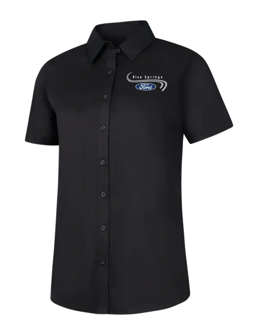 Womens Black Short Sleeve Superpro React Twill Shirt w/Blue Springs Ford Logo