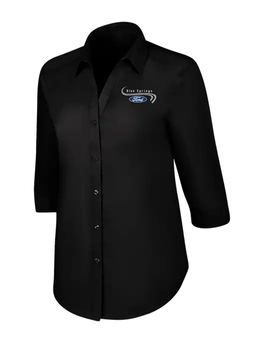 Womens Black 3/4 Sleeve Carefree Poplin Shirt w/Blue Springs Ford Logo