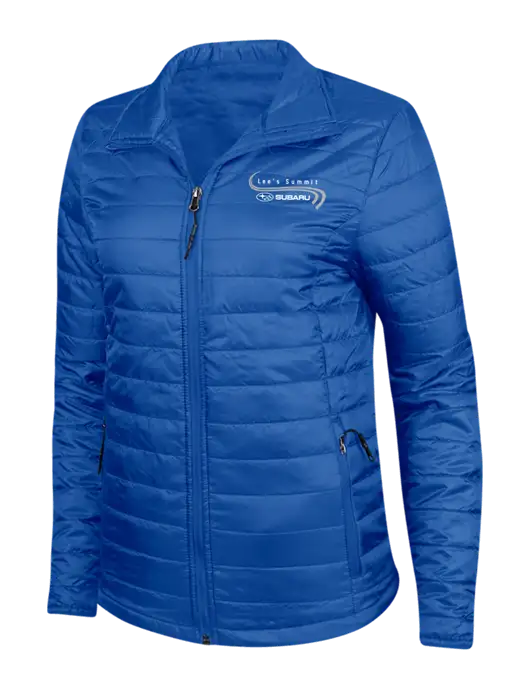 Dark Royal Blue Womens Puffy Packable Jacket w/Lee's Summit Subaru Logo